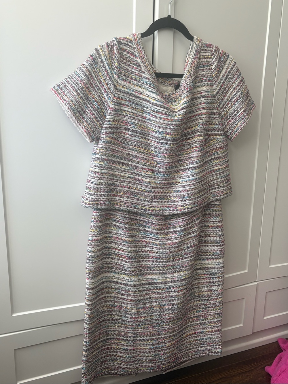 St. John Multicolor Tweed Midi Dress with Cowl Neck